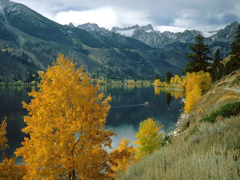 Lake with Autumn Trees — Yellow, Serene, Photograph, Mountains