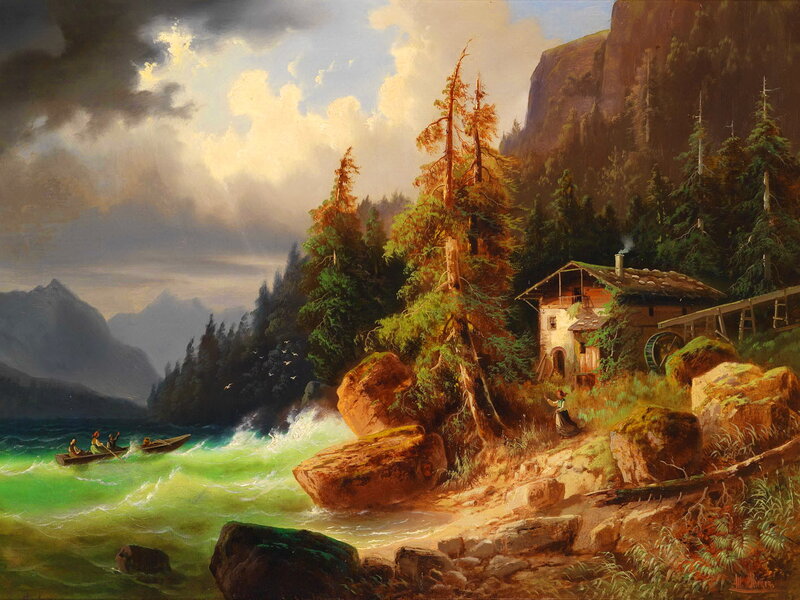 Lake with Boats and Mill