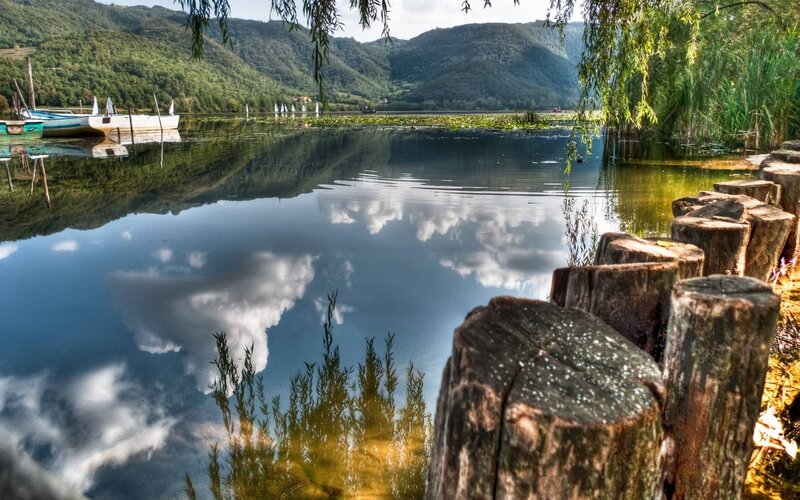 Lake with Boats and Mountains — Blue, Serene