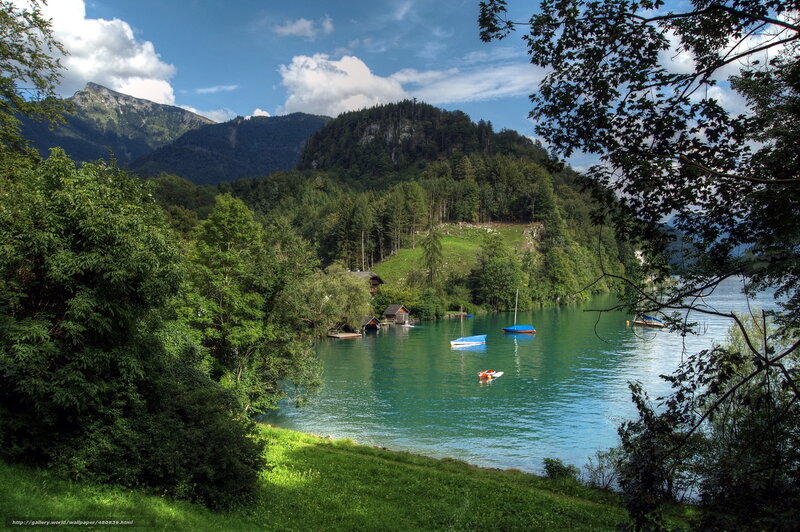Lake with Boats and Mountains — Green, Serene, Afternoon, Photograph