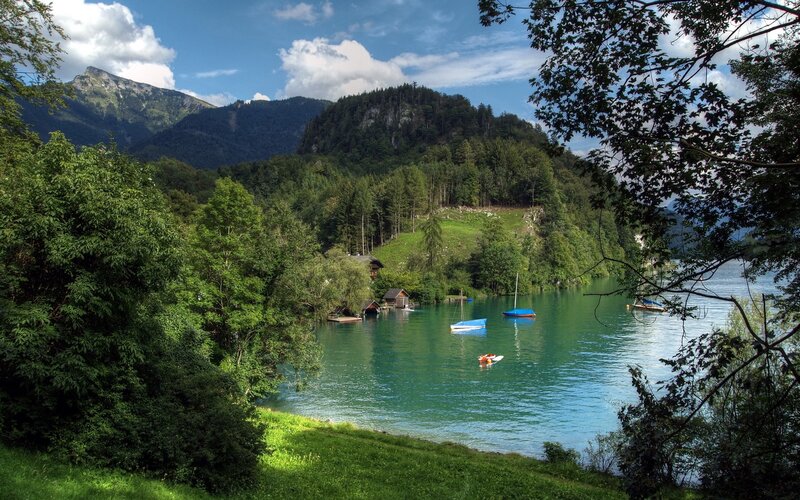 Lake with Boats and Mountains — Green, Serene, Afternoon, Photograph, Trees