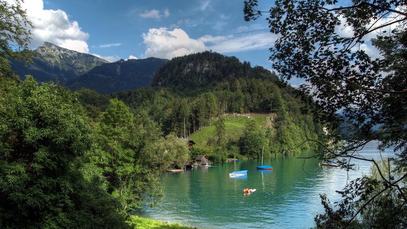 Lake with Boats and Mountains — Green, Serene, Afternoon