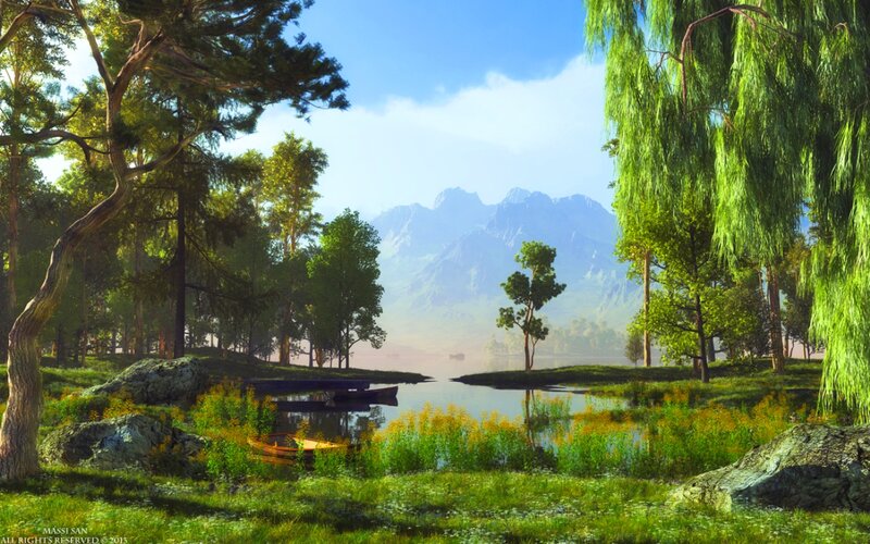 Lake with Boats and Mountains — Green, Serene, Morning