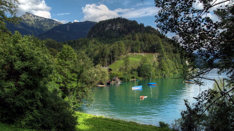 Lake with Boats and Mountains — Green, Serene