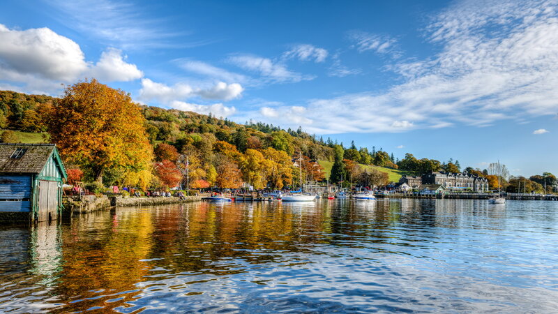 Lake with Boats and Trees — Blue, Serene