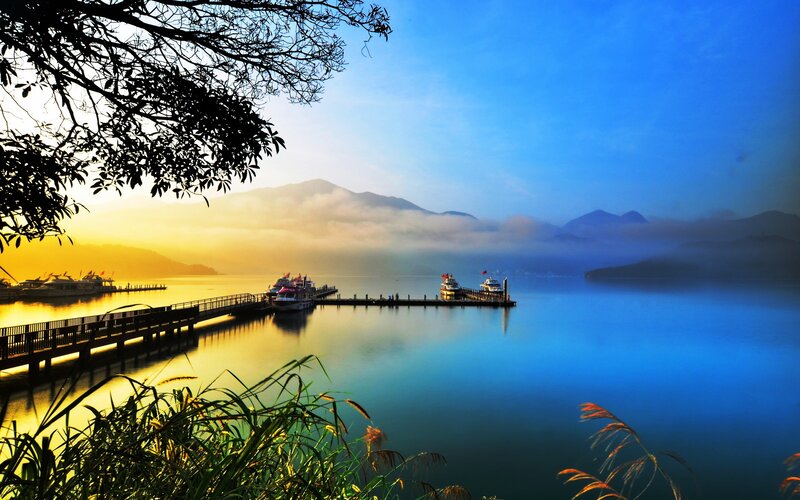 Lake with Boats at Dawn — Blue, Serene