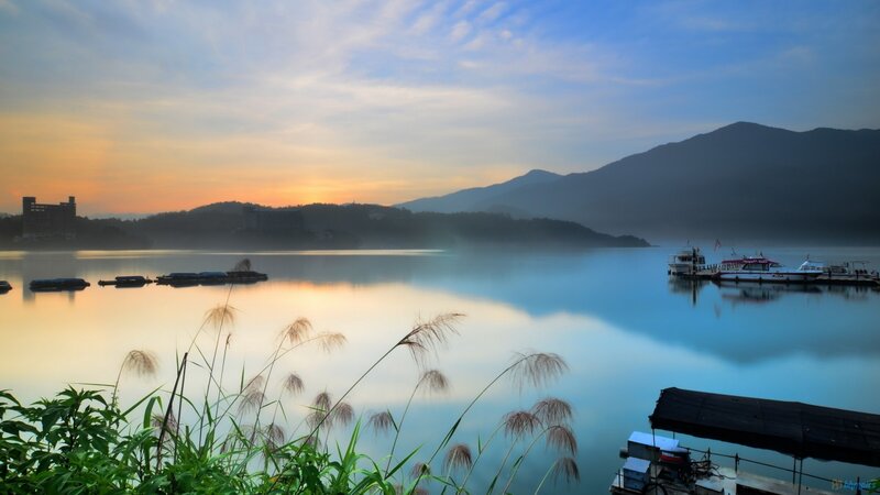 Lake with Boats at Dawn — Blue
