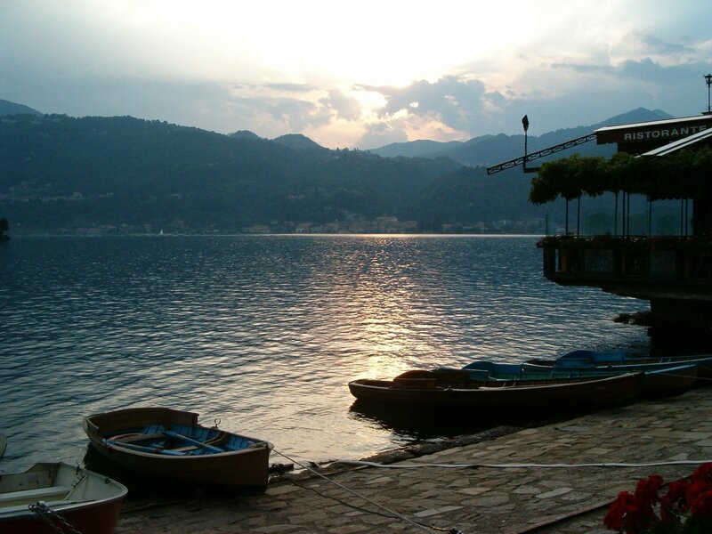 Lake with Boats at Sunset — Blue