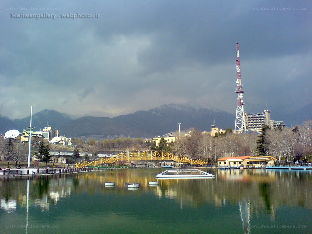 Lake with bridge and tower