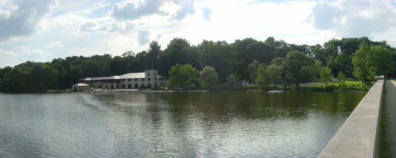 Lake with building and trees