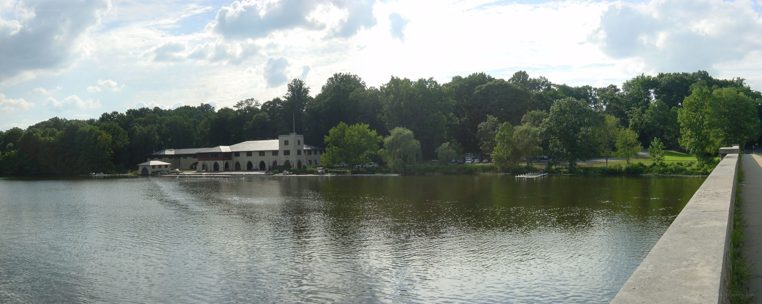 Lake with building and trees