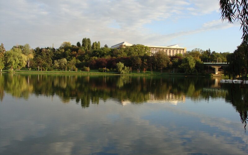 Lake with building reflection