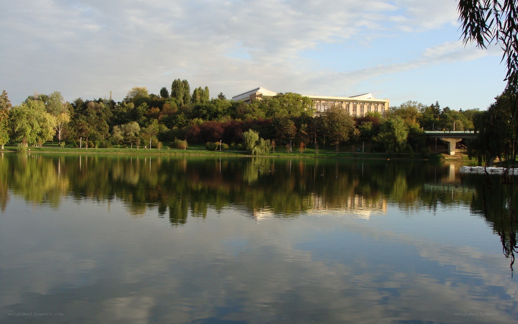 Lake with building reflection