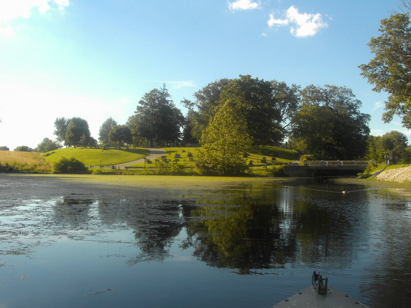 Lake with cemetery in background