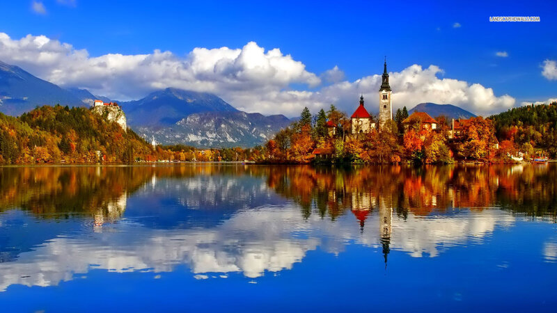 Lake with Church and Castle — Blue, Serene