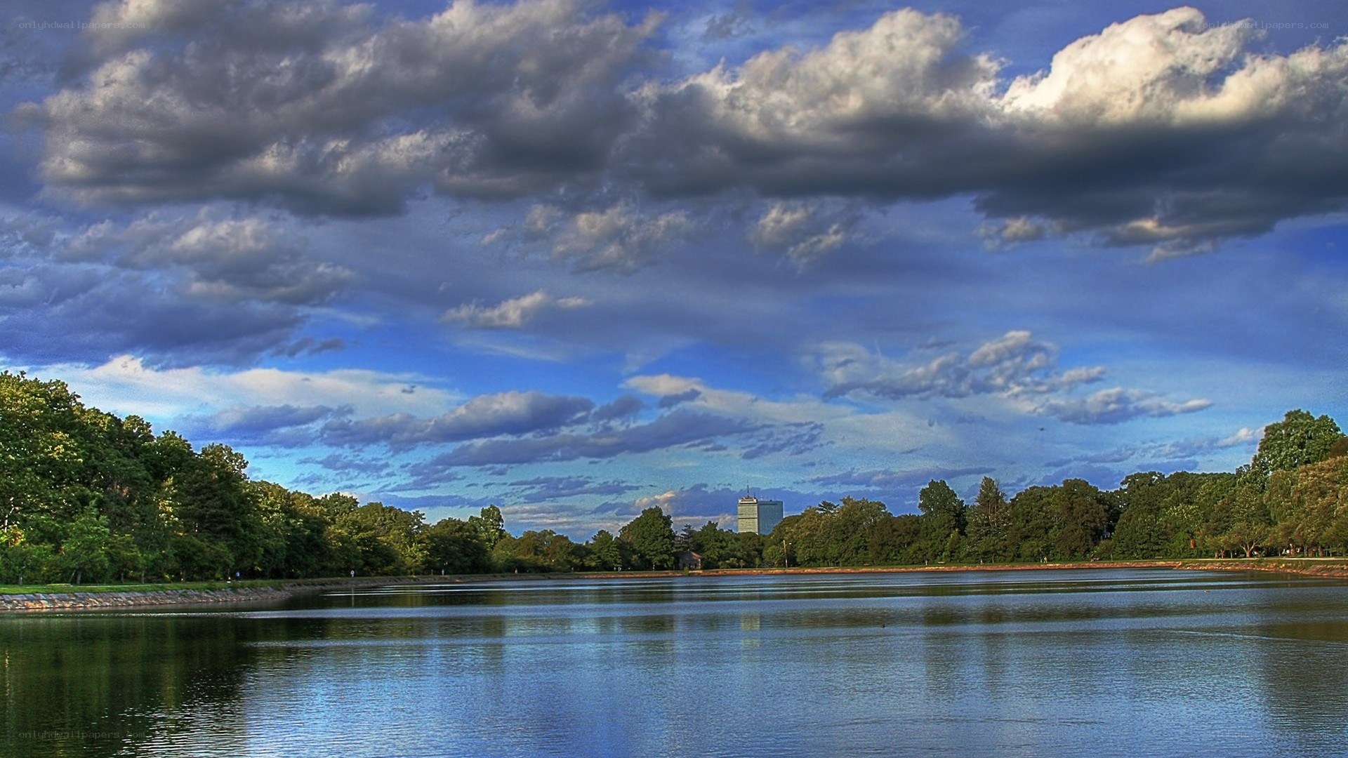 Lake with cloudy sky and trees
