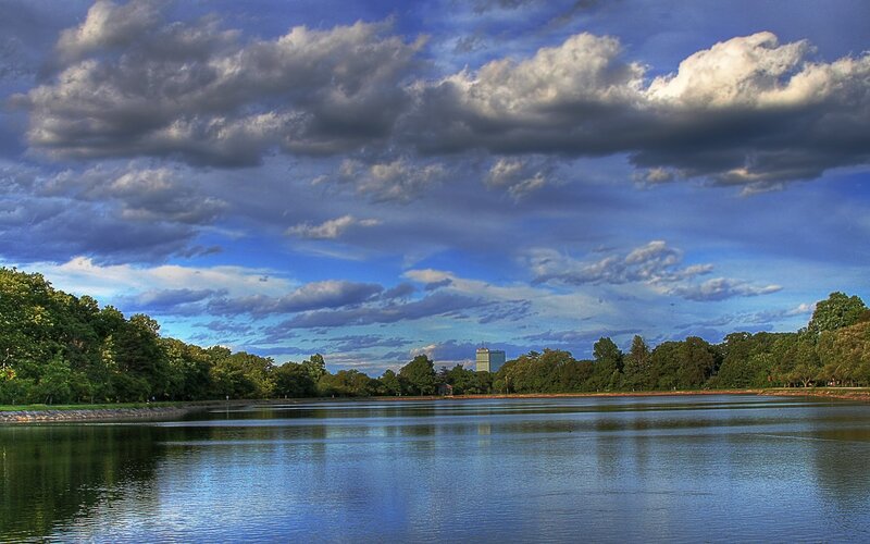 Lake with cloudy sky and trees