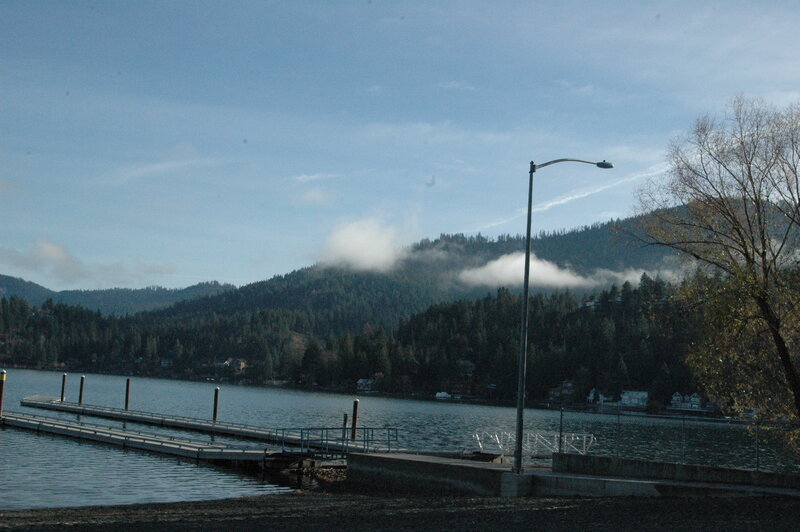 Lake with Dock and Mountains — Blue, Serene