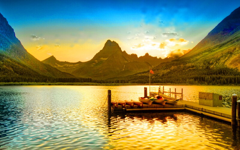 Lake with Dock and Mountains — Blue