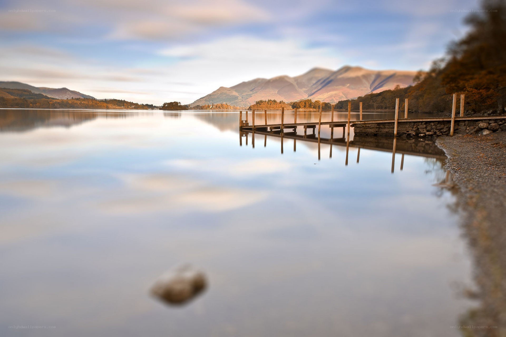 Lake with dock and mountains