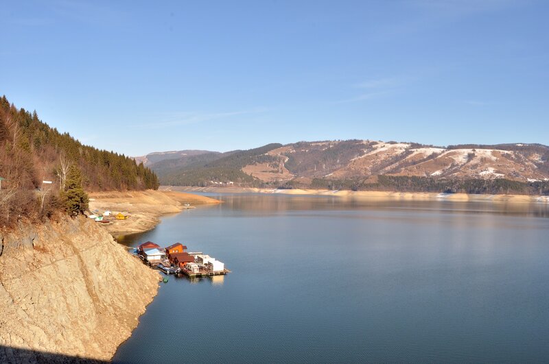 Lake with floating cabins