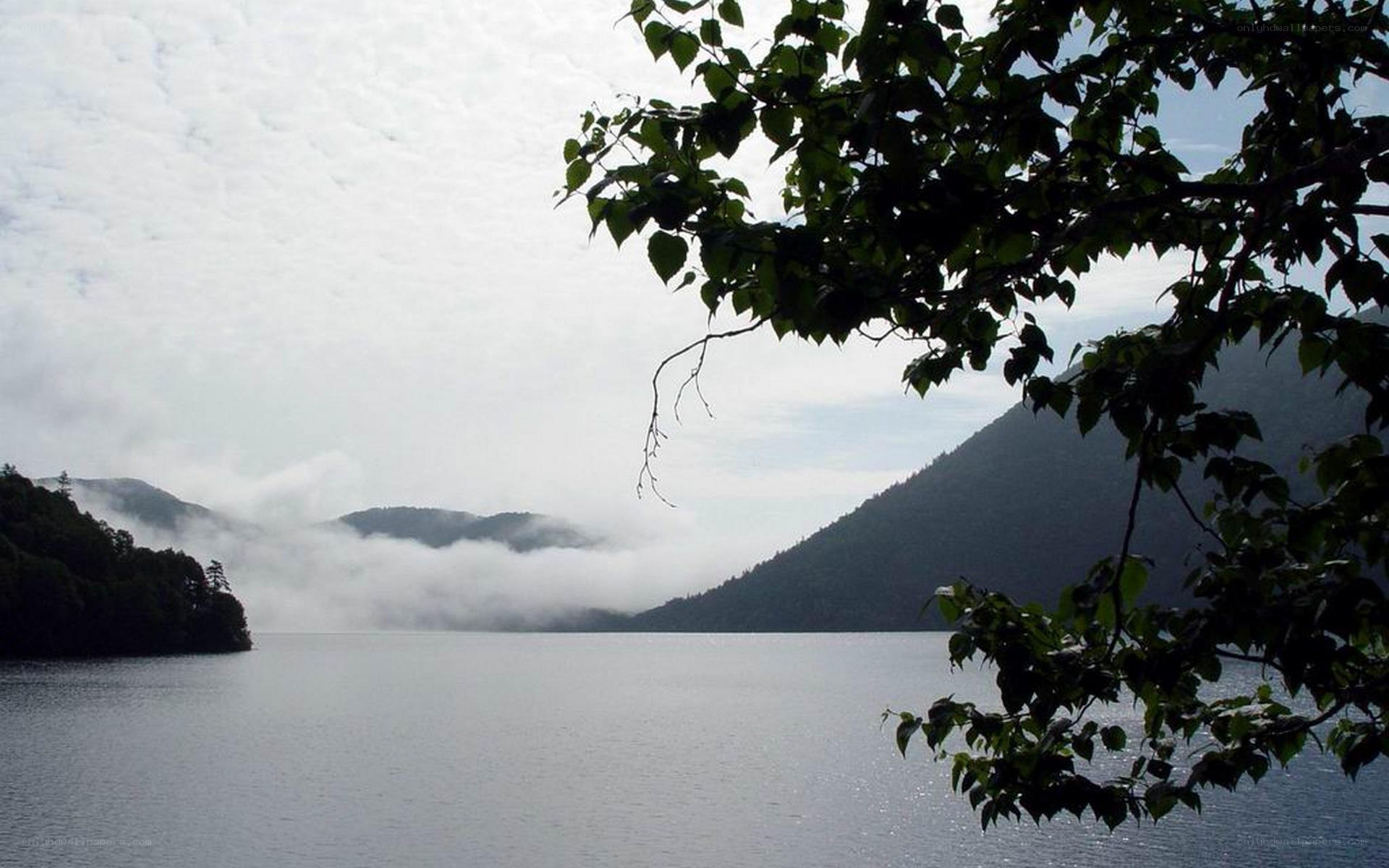 Lake with foggy mountains