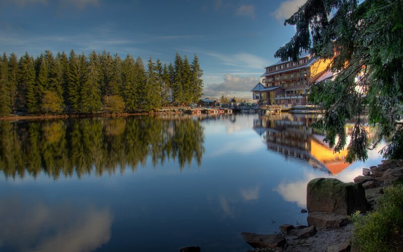 Lake with Forest and Building