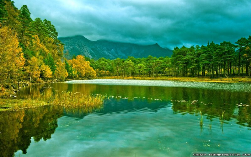 Lake with Forest and Mountains — Green, Dramatic