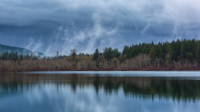 Lake with Forest Reflection — Blue, Dramatic, Morning