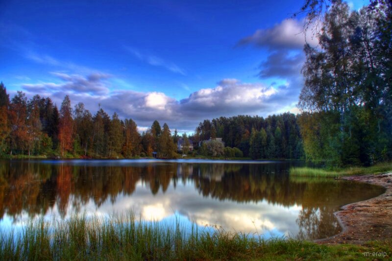 Lake with Forest Reflection — Blue, Serene, Afternoon, Photograph, Clouds