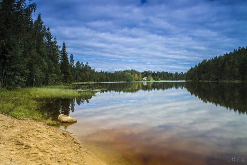 Lake with Forest Reflection — Blue, Serene, Morning, Photograph, Clouds