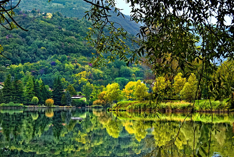 Lake with Forest Reflection — Green, Serene, Autumn