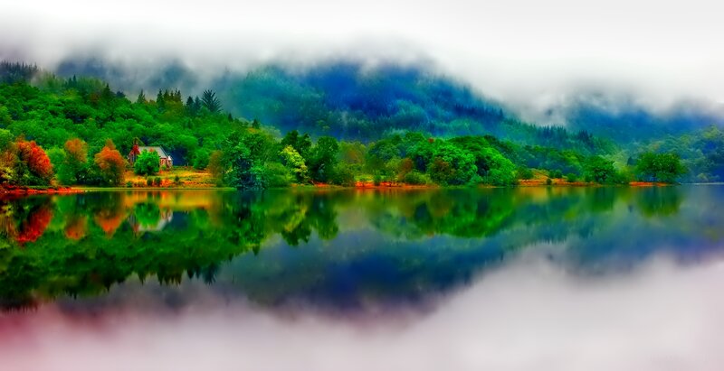 Lake with Forest Reflection — Green, Serene, Morning