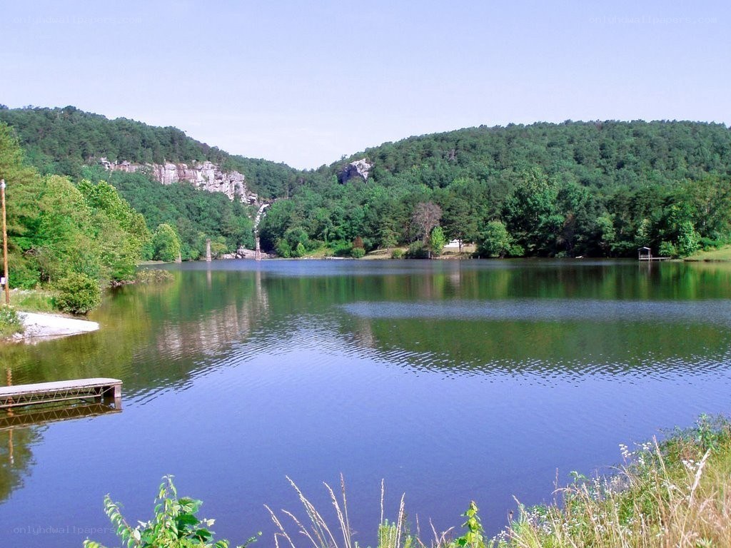Lake with forested hills