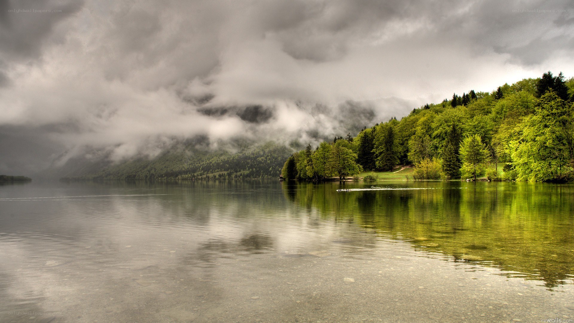 Lake with forested hills