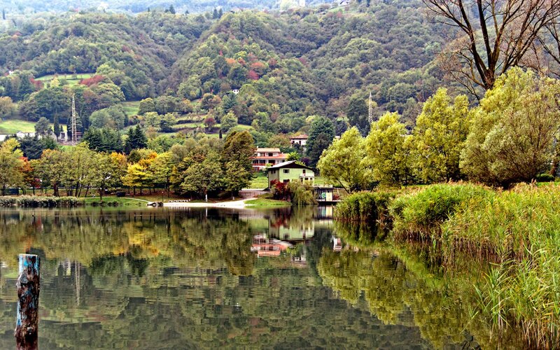 Lake with forested hills