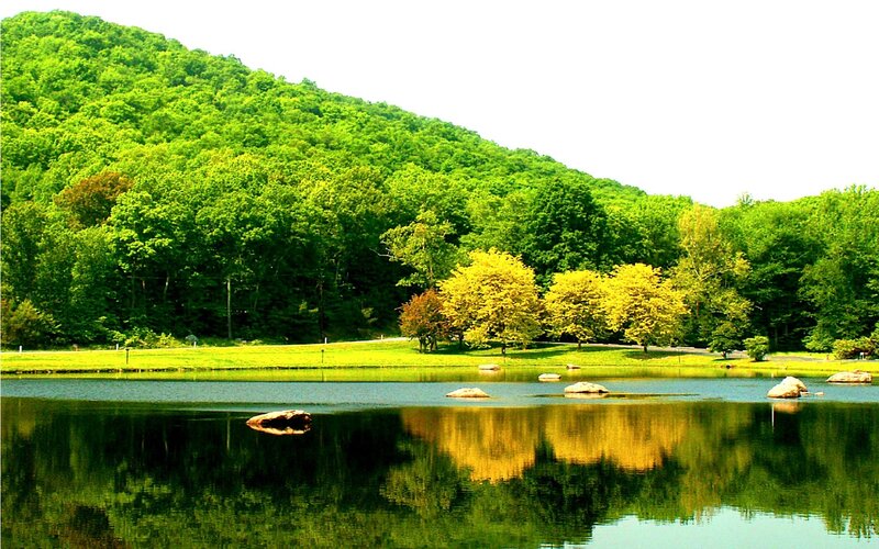Lake with forested hills