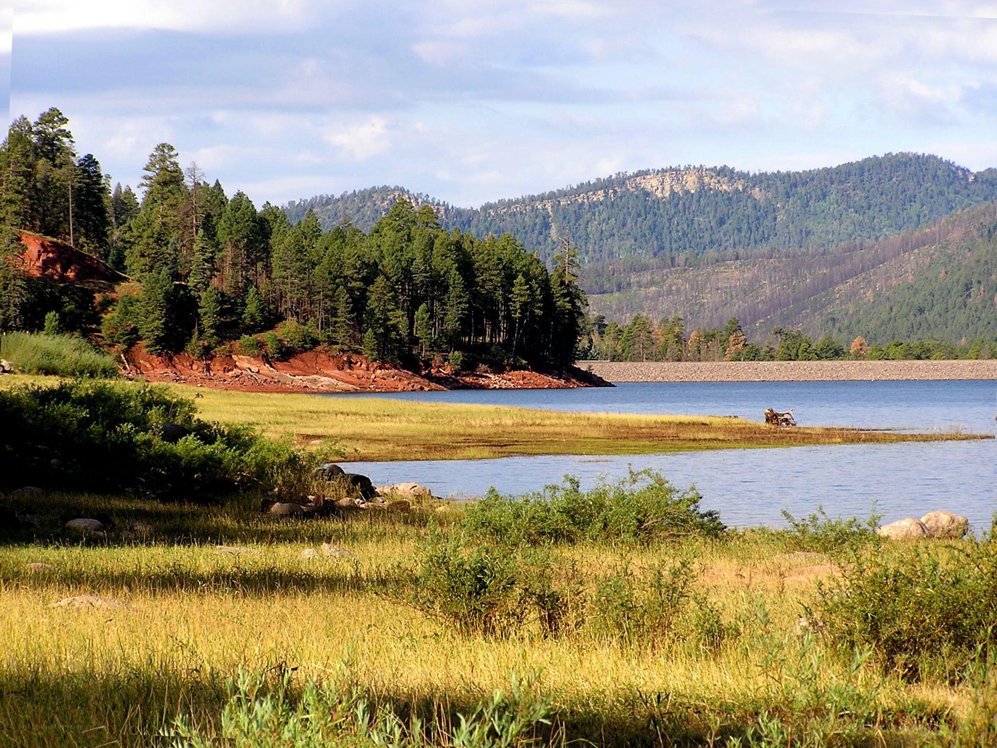 Lake with forested hills