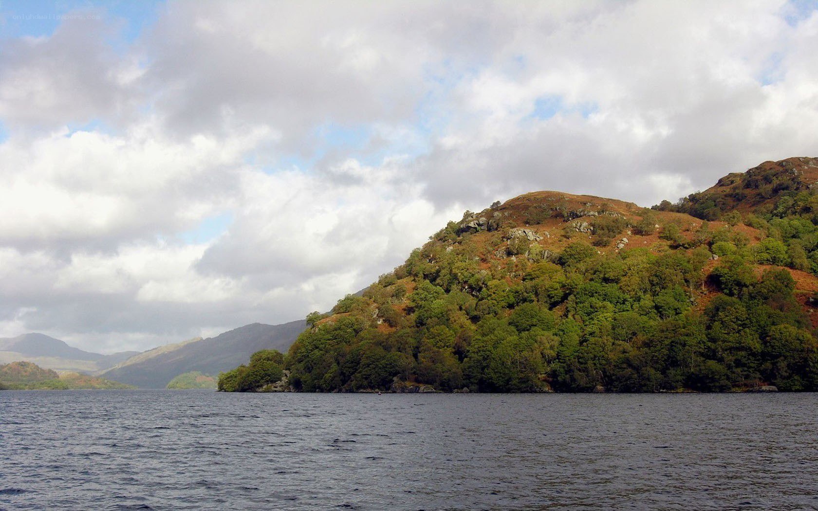 Lake with forested hills