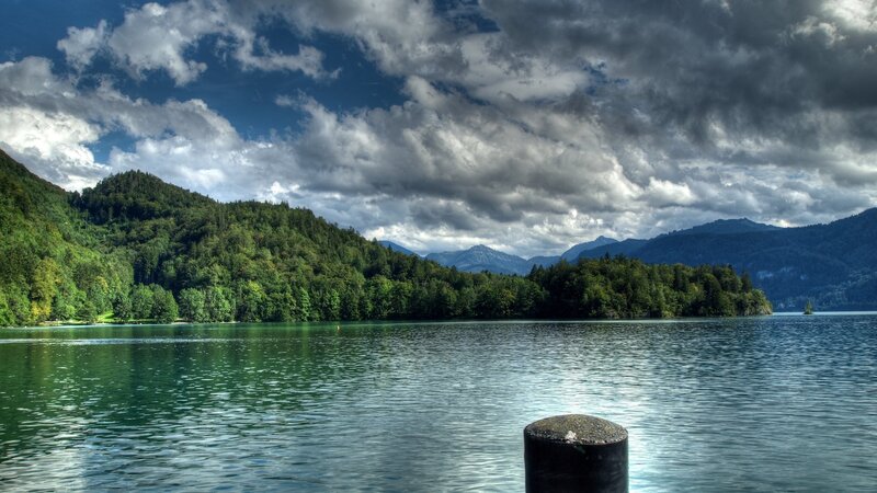 Lake with Forested Hills — Blue, Dramatic