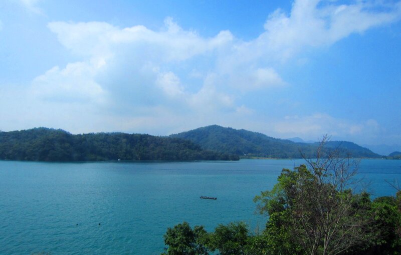 Lake with Forested Hills — Blue, Serene, Afternoon, Photograph, Boat
