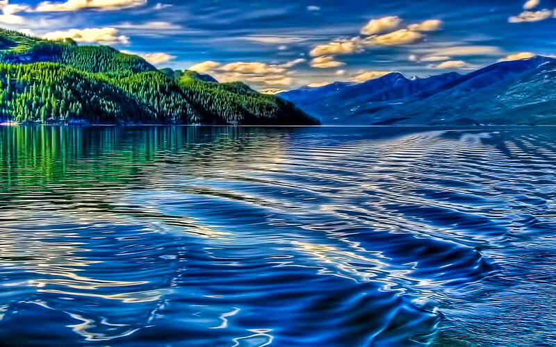 Lake with Forested Hills — Blue, Serene, Afternoon, Photograph, Mountains, Sky