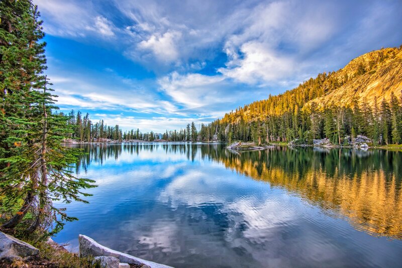 Lake with Forested Hills — Blue, Serene, Afternoon, Photograph, Trees