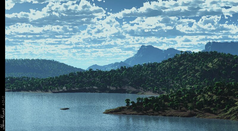 Lake with Forested Hills — Blue, Serene, Afternoon