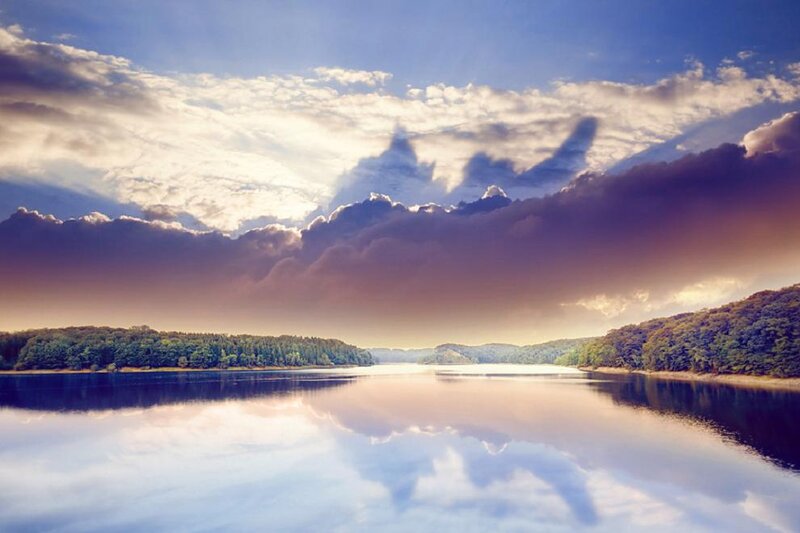 Lake with Forested Hills — Blue, Serene