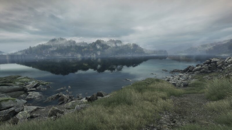 Lake with Forested Hills — Gray, Somber