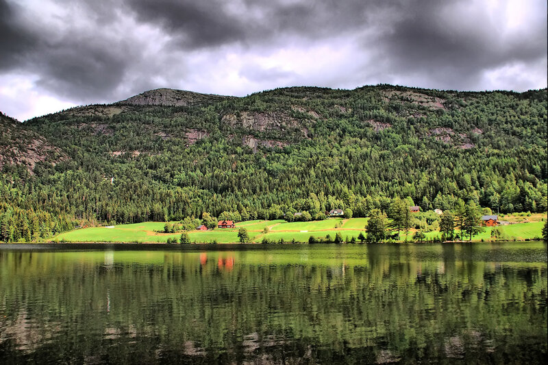 Lake with Forested Hills — Green, Dramatic