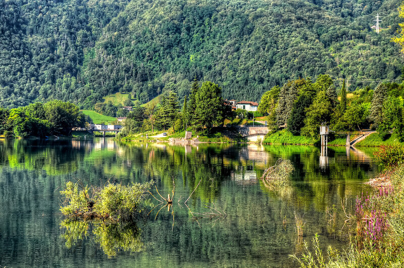 Lake with Forested Hills — Green, Serene, Afternoon, Photograph