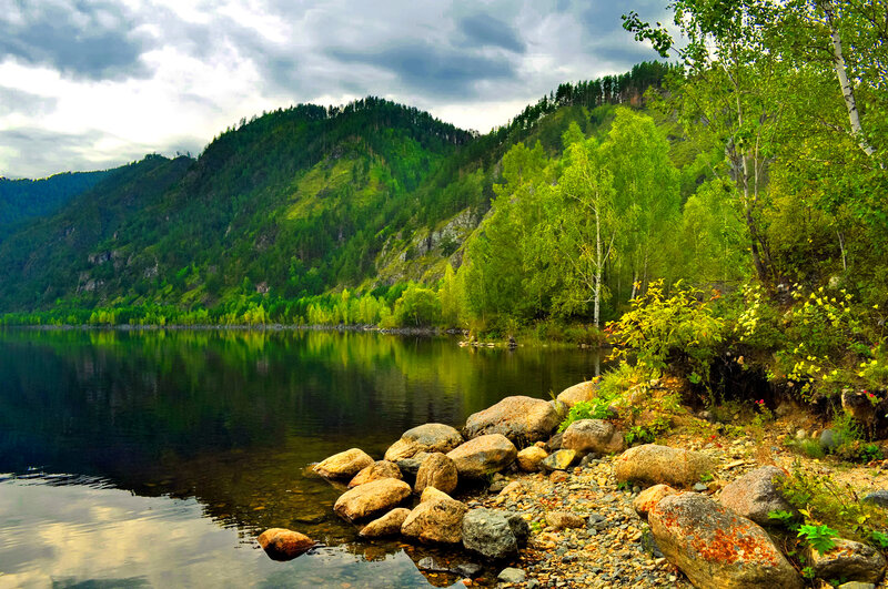 Lake with Forested Hills — Green, Serene, Afternoon, Photograph, Trees