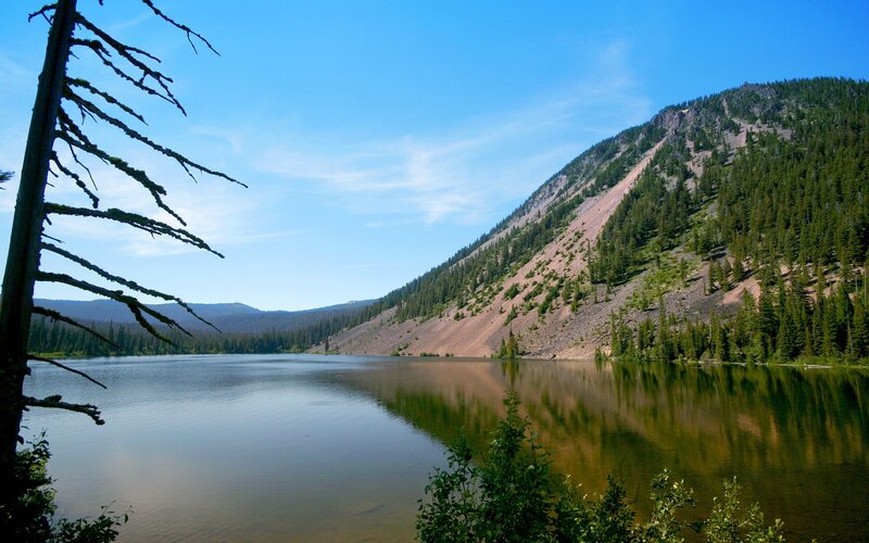 Lake with forested mountain